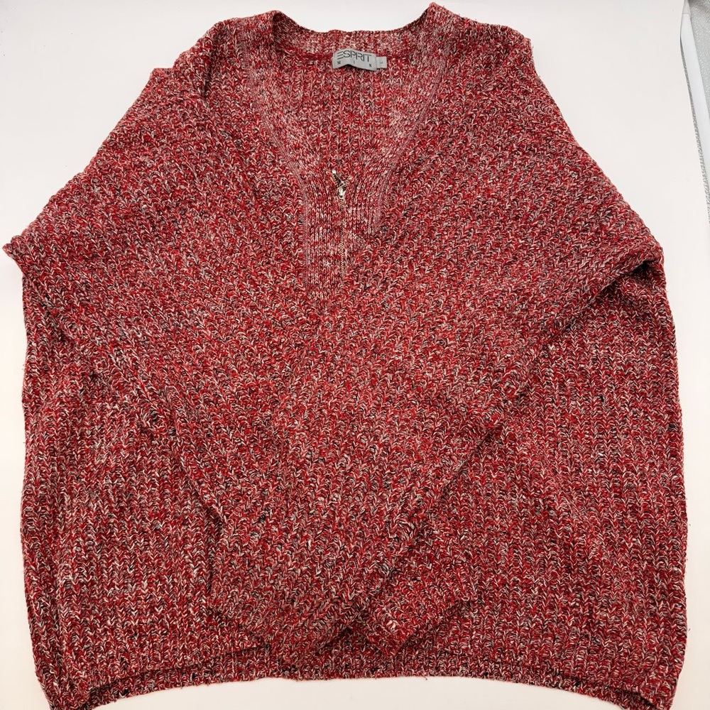 Vintage Esprit Men’s Red Knit Half Zip Sweater Size M Chunky V-Neck Pullover